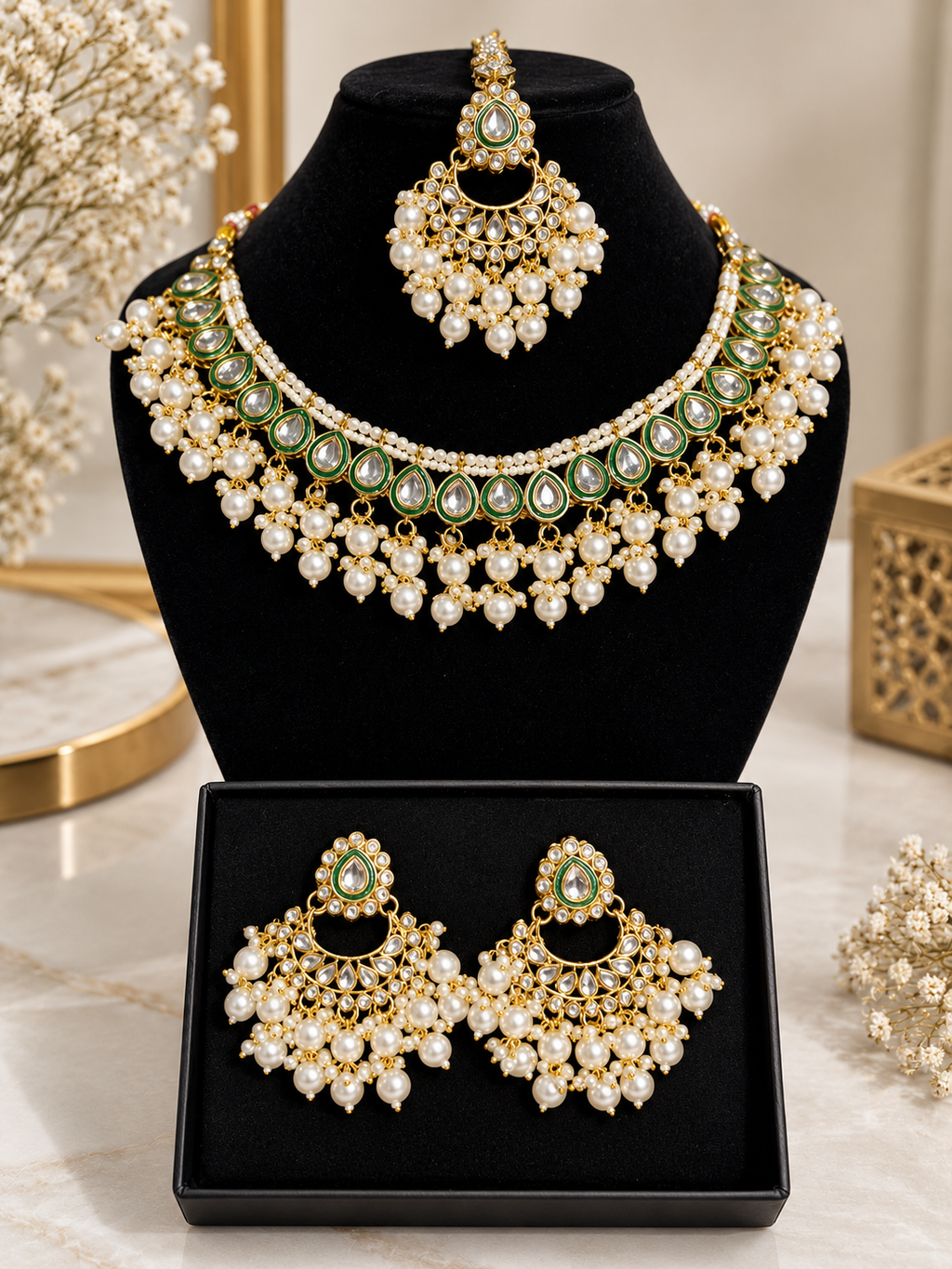Emerald Meenakari Pearl Set
