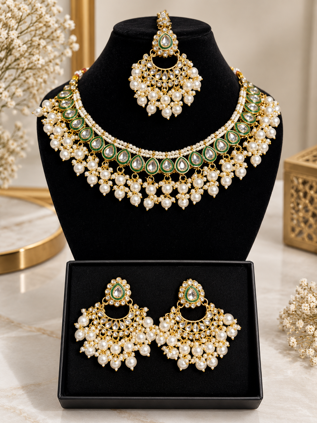 Emerald Meenakari Pearl Set